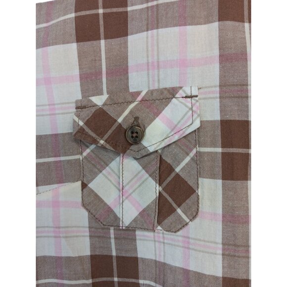SO Women's Plaid Short Sleeve-Button down Shirt- MEDIUM -Brown-White-Pink - Picture 4 of 16